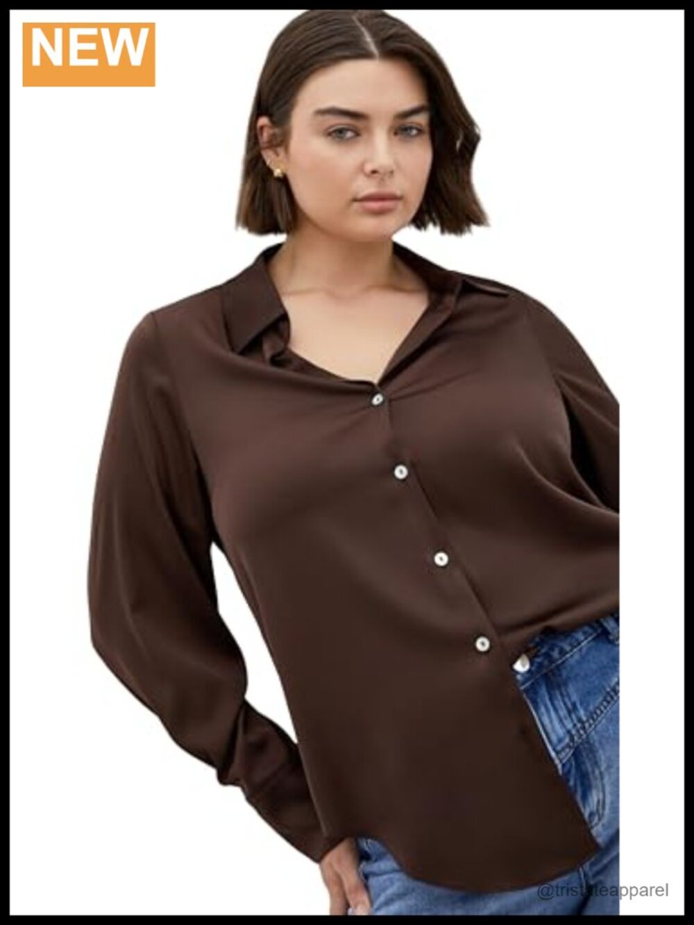 City Chic Plus Size Button-Down Sateen Blouse - Collar Cuff Sleeve